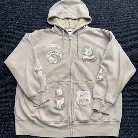 Disney Tops - Disney Winnie the Pooh Eeyore Full Zip Hoodie Tan Beige Character Patch Large